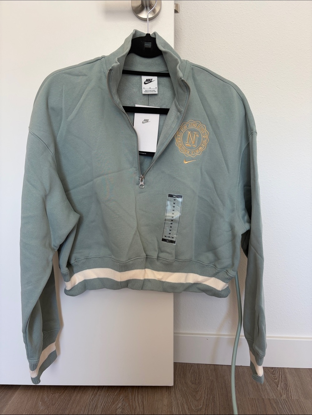 Nike Women's Sage Green Quarter-Zip Cropped Bomber Sweatshirt with Cream Stripe